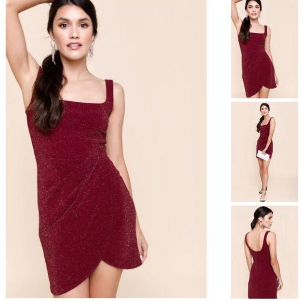 Mi Ami Francesca's Megan Glitter Tulip Mini Dress Burgundy Wine Merlot Medium